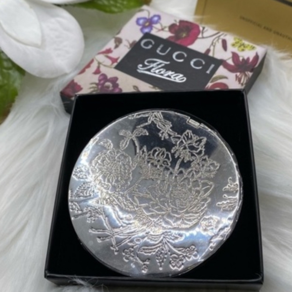 Gucci Silver Flora Accent Compact Mirror